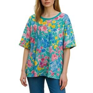 Bold Watercolor Oversized Vintage 90's Tee - Blue Yellow Pink - Cozy Vibes